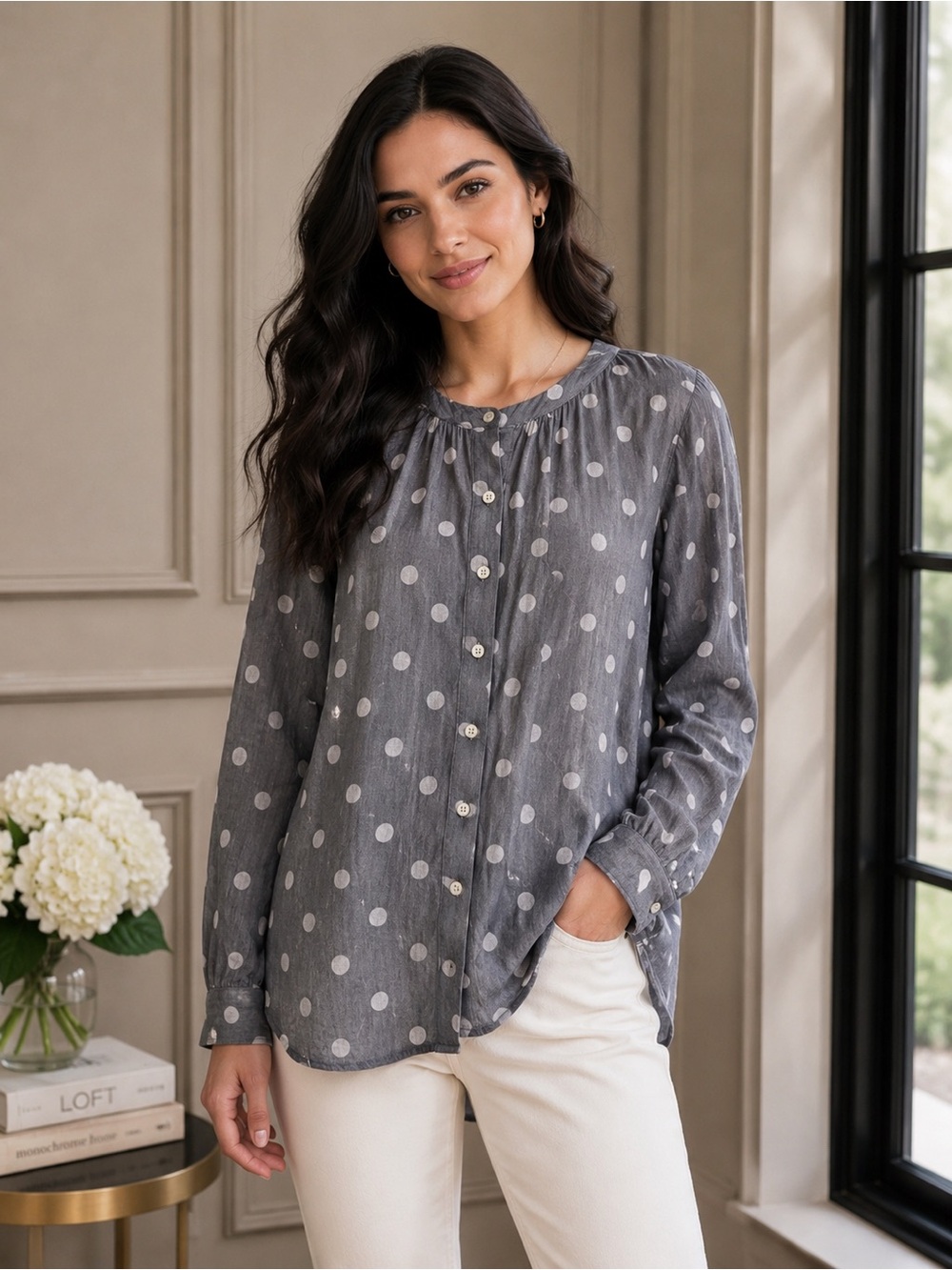 LOFT Petite MP Gray Polka Dot Button Front Cotton Blouse Long Sleeve